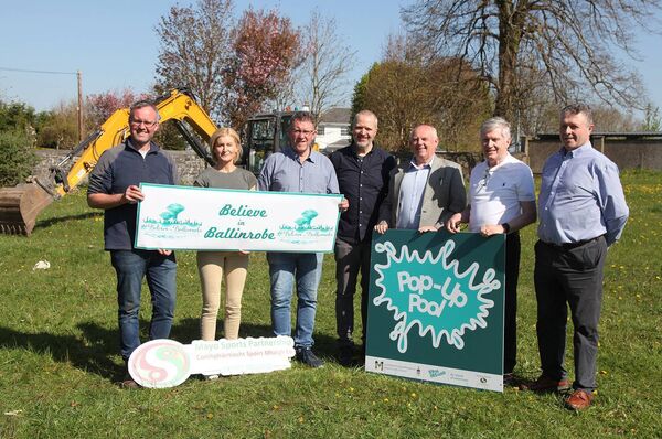 Mayo County Council and Swim Ireland have joined forces with Mayo Sports Partnership and South Mayo Swimming Centre Committee to bring the Pop-up Pool to Ballinrobe from September 2025, Pictured, from left, are members of the local committee with councillors, from left: Cathal Kelly (Kellman Developments and Committee member), Michelle Walsh (Treasurer), Frank Keane (Chairman), Mark Smith (Ballinrobe Community Sports Hub Co-ordinator and Committee Secretary), Cllr Patsy O'Brien, Cllr Michael Burke and Cllr Damian Ryan. 	 Picture: Trish Forde