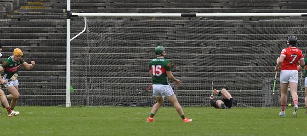 Mayo’s Simon Thomas, left, celebrates after scoring a goal early in the second half of the Nicky Rackard Cup championship at Hastings Insurance MacHale Park, Castlebar, last Saturday. Picture: David Farrell Photography 