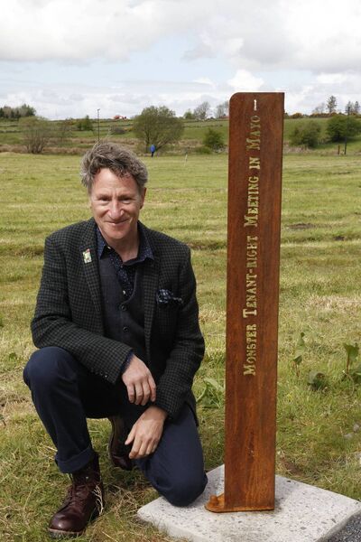 Artist Noah Rose standing at one of the columns that are part of Briathra Talún / Words from the Land sculpture series at Páirc a ‘ Tobair, Irishtown. 	Picture: Trish Forde