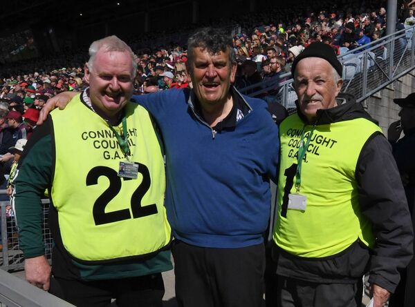 Match stewards Sean McLoughlin and Willie Kelly with avid Mayo supporter Mick Byrne from Castlebar during the Connacht SFC final. Picture: David Farrell Photography