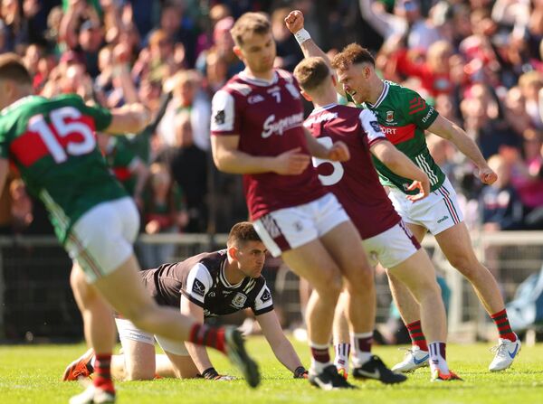 Darren McHale celebrates scoring Mayo's first-half goal in their narrow defeat to four-in-a-row winners Galway at MacHale Park last Sunday.	Picture: INPHO/James Crombie