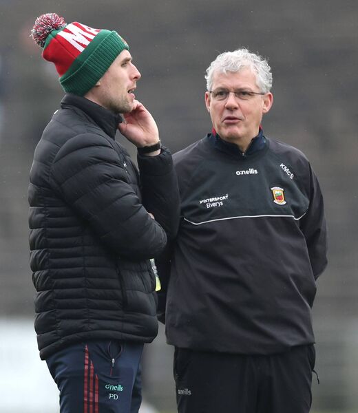 Mayo captain Paddy Durcan in discussion with manager Kevin McStay prior to this year's Allianz Football League Division One game against Tyrone. The two teams are pitted against each other in the upcoming group stage of the All-Ireland SFC.	Picture: INPHO/James Crombie