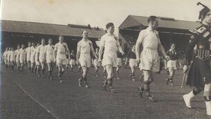 <p>Sean Flanagan, Padraig Carney and Eamonn Mongey at the head of the parade in Croke Park for Mayo's 1951 All-Ireland senior football final against Meath. </p> <p>Sean Flanagan, Padraig Carney and Eamonn Mongey at the head of the parade in Croke Park for Mayo's 1951 All-Ireland senior football final against Meath. </p>