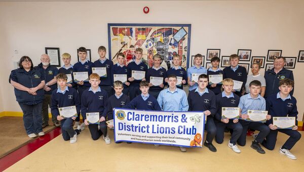 Students at St Colman’s College with members of Claremorris Lions Club. Picture: John Corless