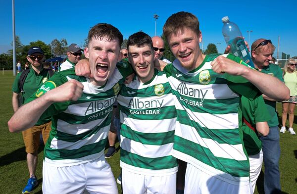 Oran Groarke, Brian Walsh and Mark Cunningham celebrate Celtic's defence of the Connacht Cup.