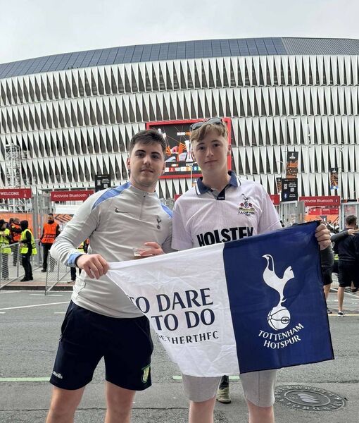 Dunmore, County Galway, native Patrick Cosgrove [left] and his cousin Harry from London, at the 2025 UEFA Europa League Final outside the San Mamés Stadium, Bilbao.