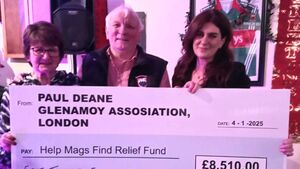 Local Notes: Presentation of cheque to the Mags Deane 'Find pain relief fund' from Glenamoy Association London. Local Notes: Presentation of cheque to the Mags Deane 'Find pain relief fund' from Glenamoy Association London.