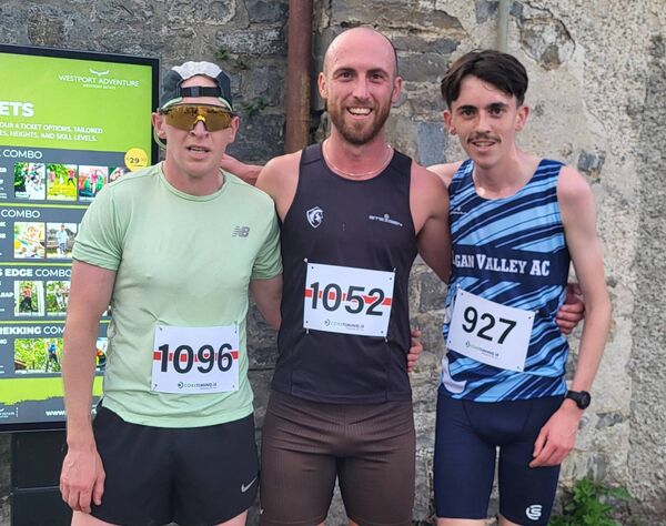 The top three men in the Westport 5k were, from left: Alan Dunne, Swinford AC (3rd), Mitch Thompson, Dark Horse Track Club (1st) and Ruairi Hollywood, Lagan Valley AC (3rd). 