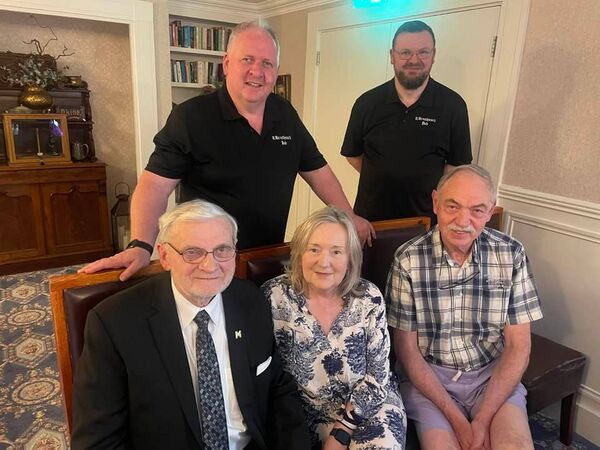 Tomas and Seamus Walsh of T. Breathnachs Pub in Ballina with Gerry Quinn, Joan Clarke-Flynn, and Gerry Walsh at the Quinn Irish Radio live broadcast from Ballina Manor Hotel.