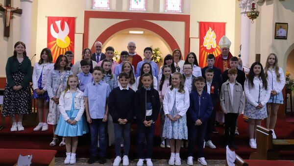 Archbishop Francis Duffy, Fr Michael Harrison, Mr Dunford and Mrs Reilly pictured with children from St Josephs NS and Templemary NS in St Patricks Church Killala, following the confirmation ceremony on Sunday, May 11.