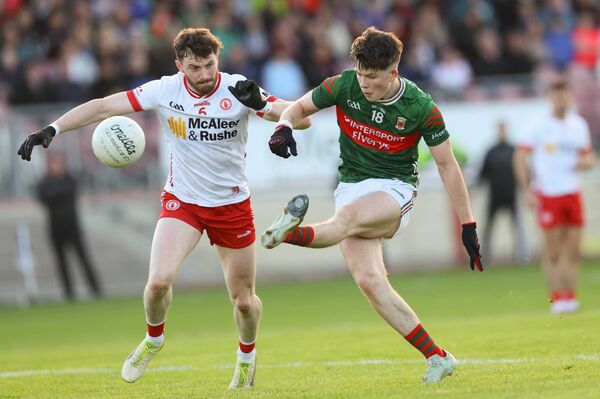 Championship debutant Conal Dawson gets his shot away despite pressure from Tyrone’s. Picture: INPHO Championship debutant Conal Dawson gets his shot away despite pressure from Tyrone’s. Picture: INPHO