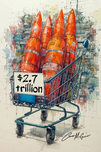 Global military expenditure reached &#36;2,718 billion in 2024, a 9.4% increase - the steepest year-on-year rise since at least the end of the Cold War. Illustration: Conor McGuire
