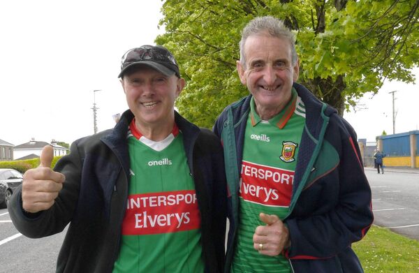 Pat Rowan and Liam Doherty, Carrowteige and Porturlin, Belmullet, who travelled to Roscommon to cheer on Mayo last Sunday.	Picture: David Farrell Photography 