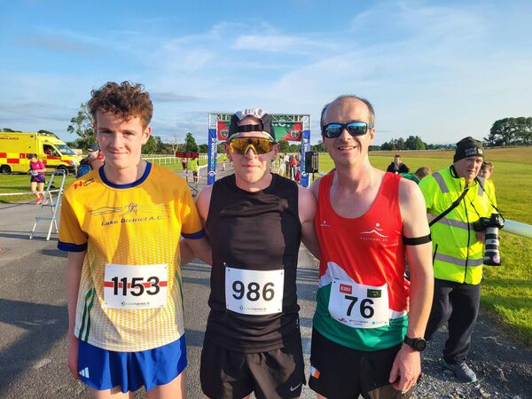 The first three finishers in the men’s race at the Ballinrobe 5k were, from left: Seamus Burke, Lake District AC (2nd), Alan Dunne, Swinford AC (1st) and David Hickey, Westport AC (3rd). The first three finishers in the men’s race at the Ballinrobe 5k were, from left: Seamus Burke, Lake District AC (2nd), Alan Dunne, Swinford AC (1st) and David Hickey, Westport AC (3rd).