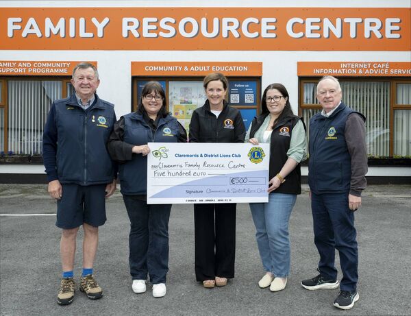James Preston, Melissa Walsh and Michael Clarke of Claremorris and District Lions Club, present a cheque for €500 to Nuala Gilligan and Elizabete Lucca Bilini of Claremorris Family Resource Centre. James Preston, Melissa Walsh and Michael Clarke of Claremorris and District Lions Club, present a cheque for €500 to Nuala Gilligan and Elizabete Lucca Bilini of Claremorris Family Resource Centre.