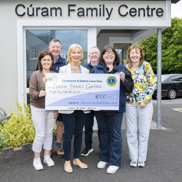 Claremorris and District Lions recently presented a cheque for €500 to the local Cúram Family Centre. Pictured are, back row, from left: James Preston and Michael Clarke of Claremorris and District Lions Club. Front row: Imelda Conroy and Dorothy Campbell of Cúram Family Centre, Melissa Walsh (Lions) and Dolores Neary (Cúram). Picture: John Corless Claremorris and District Lions recently presented a cheque for €500 to the local Cúram Family Centre. Pictured are, back row, from left: James Preston and Michael Clarke of Claremorris and District Lions Club. Front row: Imelda Conroy and Dorothy Campbell of Cúram Family Centre, Melissa Walsh (Lions) and Dolores Neary (Cúram). Picture: John Corless