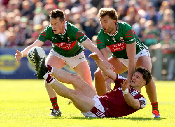 Mayo’s Stephen Coen and Aidan O’Shea converge on Cathal Sweeney of Galway during this season's Connacht SFC final.