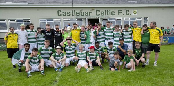 The players and management of Castlebar Celtic celebrate winning the Elverys Mayo Super League for the third season in-a-row following their rout of Ballyhaunis Town on Sunday afternoon. Picture: John Corless The players and management of Castlebar Celtic celebrate winning the Elverys Mayo Super League for the third season in-a-row following their rout of Ballyhaunis Town on Sunday afternoon. Picture: John Corless