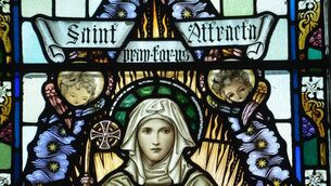 <p>The stained glass window in honour of St Attracta at the church in Kilmactigue.</p>