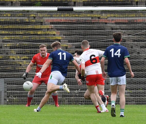 Kuba Callaghan scores one of his two first-half goals in Ballaghaderreen's narrow win against Aghamore. Picture: David Farrell Photography Kuba Callaghan scores one of his two first-half goals in Ballaghaderreen's narrow win against Aghamore. Picture: David Farrell Photography