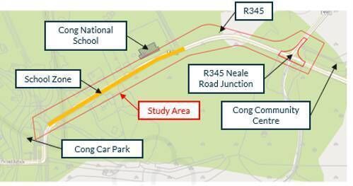 A map of Cong with the study area for the Safe Routes to School scheme (SRTS) highlighted