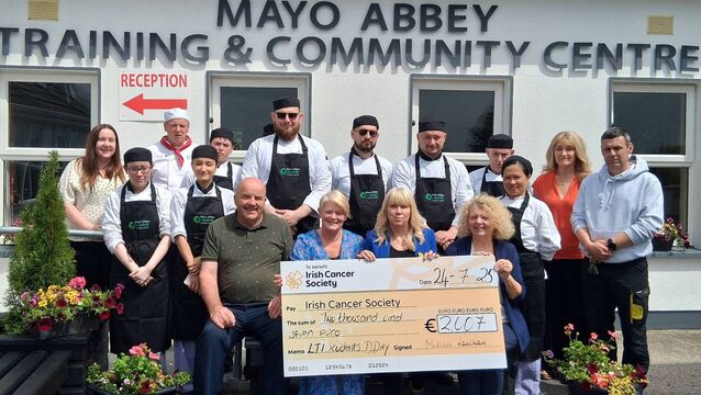 The Professional Cookery Class, at Mayo Abbey Centre in conjunction with MSLETB, was delighted to present a cheque for €2,007 to the Irish Cancer Society. Back row: (l to r) Serena Raftery, Assistant CE Supervisor; Chef Ron Morrison, Assistant Co-ordinator; Karina Lelikova, Oleksandr Mykhailichenko, Volodymyr Kosenko, Taras Kostariev, Alan Collins, Anna Chen, Aisling Kilcullen Coordinator and Craig Barrett, CE Supervisor. Front row (l to r) Ellie Hope, Malika Murodova, Ger Maguire, Mayo Abbey Community Centre; Chef Miriam Lenihan, Assistant Co-ordinator and Event Organiser presenting the cheque to Mary Murray, Community Fundraiser Officer Midwest, Irish Cancer Society; and Mary Doran, LTI Manager. <p>The Professional Cookery Class, at Mayo Abbey Centre in conjunction with MSLETB, was delighted to present a cheque for €2,007 to the Irish Cancer Society. Back row: (l to r) Serena Raftery, Assistant CE Supervisor; Chef Ron Morrison, Assistant Co-ordinator; Karina Lelikova, Oleksandr Mykhailichenko, Volodymyr Kosenko, Taras Kostariev, Alan Collins, Anna Chen, Aisling Kilcullen Coordinator and Craig Barrett, CE Supervisor. Front row (l to r) Ellie Hope, Malika Murodova, Ger Maguire, Mayo Abbey Community Centre; Chef Miriam Lenihan, Assistant Co-ordinator and Event Organiser presenting the cheque to Mary Murray, Community Fundraiser Officer Midwest, Irish Cancer Society; and Mary Doran, LTI Manager.</p>