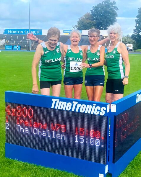 Irish women's o75 team celebrate a new World Masters 4x800m relay record at Morton Stadium. From left, Evelyn McNelis, Mags Glavey, Eileen Kenny, Pat Kelly.