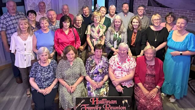 <p>The Hallinan family originally from Loginema, Culleens held a family reunion where cousins travelled from Dublin, Clare, Cork, England, Wales and USA to visit the original family home before celebrating in the Ocean Sands Hotel, Enniscrone. Standing from left; Kevin Cometson (Wales), Emer Conlon, Gus Hallinan, PadraigLynott, Marty Lynott, Martin Healy, Eleanor Gough (Clare), Margaret McDonnell, Stephen Noonan, Robert Hallinan (UK), and Goretti Williams. Middle row; Madeline Grant (Dublin), Martina Boland, Mary Delaney (USA), Patricia Reilly, Ann O'Donnell, Mary Murphy (USA), Angela Hunter (Cork), and Pauline Sutton (Cork). Front row; Sheila Renouf, Maura McKeon, Phil Bruen, Dympna Mangan and Ann Kerins.</p>