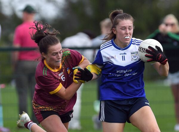 Lahardane MacHales’ Annie Gough challenges Bree Hession of Claremorris for the ball.