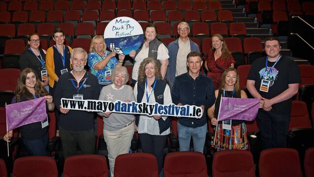 <p>Pictured at the launch were, back row, from left: Amy Flanagan, Laura Dixon, Mayo County Council Climate Officer; Carol Loftus, Mulranny Tourism; Margaret Flaherty, National Parks and Wildlife Service (NPWS); John Murray, Crossing the Line Productions; and Lisa Hallinan. Front row: Molly O'Grady, NPWS; Professor Brian Espey, Chairperson, Dark Sky Ireland; Fiona Hopkins, Mayo Dark Skies; Georgia MacMillian, NPWS; Eoin Warner, presenter 'Ireland's Wild Islands'; Clare Masterson and Peter Nugent, Mayo Dark Skies volunteer. 	Picture: Conor McKeown</p>