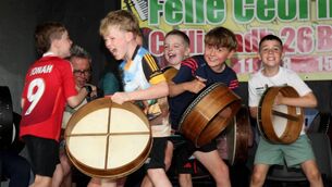 <p>Bodhrán class participants having fun at Féile Ceol na Locha in Tourmakeady. 	Picture: Trish Forde</p>