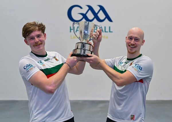 Mayo handballers Niall Joyce and Paddy Murphy celebrate their victory in the All-Ireland Senior Hardball Doubles at Croke Park. Mayo handballers Niall Joyce and Paddy Murphy celebrate their victory in the All-Ireland Senior Hardball Doubles at Croke Park.
