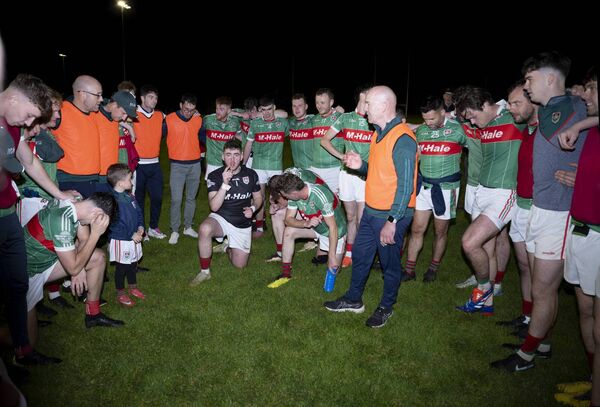 Ollie Walsh, the joint manager of Kilmaine, addresses his players following the team's drawn match against Hollymount-Carramore under floodlights in Garrymore. The scoreline and result has since come under much scrutiny. Picture: John Corless Ollie Walsh, the joint manager of Kilmaine, addresses his players following the team's drawn match against Hollymount-Carramore under floodlights in Garrymore. The scoreline and result has since come under much scrutiny. Picture: John Corless