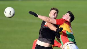 <p>Swinford’s Luke McNicholas and Northern Gaels’ Craig McCormick battle for midfield supremacy during the Mayo GAA Treanlaur Catering Junior Football Preliminary quarter-final at James Stephens Park, Ballina on Saturday evening.	Picture: David Farrell Photography </p>
