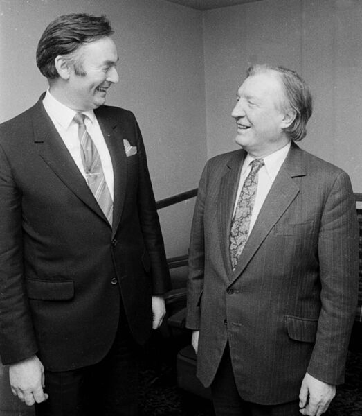 Charles J. Haughey with Padraig Flynn on a visit to Castlebar in 1986. 	Picture: Western People Archive