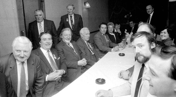 Charles J. Haughey pictured with Fianna Fáil public representatives during his visit to Castlebar in 1980. Standing, second from left, is Denis Gallagher while Haughey's successor as Taoiseach, Albert Reynolds, is standing on the right.	 Picture: Western People Archive
