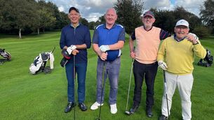 <p>John Finn, left, who helped organise the golf event between former Mayo and Galway footballers, with ex teammate Jimmy Burke, MJ Reddington and John Monaghan. </p>
