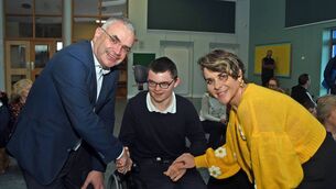 <p>Minister Dara Calleary is pictured during his visit to St Dymphna's School in Ballina with Deputy Principal Jennifer McCormack and student Jack Holmes. 	Picture: John O'Grady</p>
