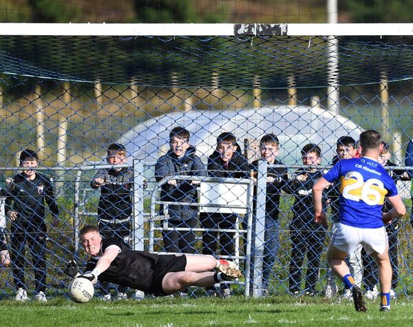 Cill Chomáin supporters behind the goal see their keeper Kian Gallagher save Mikie Sweeney's second-half penalty but it wasn't enough to prevent Kiltane from registering a comfortable home win in Sunday's Mayo IFC quarter-final at 