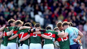 <p>GAA Football All-Ireland Senior Championship Round 2, O'Neill's Healy Park, Omagh, Tyrone 31/5/2025 Tyrone vs Mayo Mayo huddle Mandatory Credit ©INPHO/James Crombie</p>