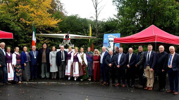 Lithuanian ambassador to Ireland Jonas Grinevicius celebrated the 90th anniversary of the flight of Felix Vaitkus in Ballinrobe on Sunday, September 13th, with elected members of Mayo County Council including Cllr Michael Burke, Cllr Patsy O'Brien, Cllr Richard Finn, Cllr Damien Ryan and members of the Ballinrobe community. Representatives of the local Lithuanian community were also present. The historic transatlantic flight, which took place in 1935, is commemorated annually in Ballinrobe and Chicago, USA. 	 Picture: Trish Forde 