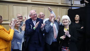 <p>Senator Michael McDowell (centre left) with No campaigners at Dublin Castle in March 2024 after the twin referenda to change the Irish Constitution on Family and Care were defeated. Picture: Damien Storan/PA Wire</p>