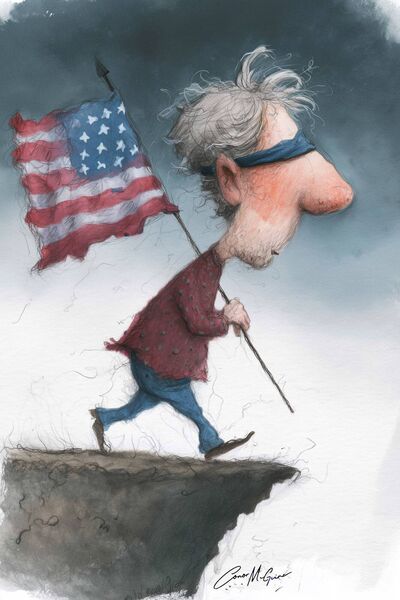 The cliff edge is visible. The question is whether anyone's sober enough to step back from it. Illustration: Conor McGuire The cliff edge is visible. The question is whether anyone's sober enough to step back from it. Illustration: Conor McGuire