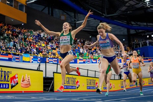 Sarah Healy celebrates winning the 3000m Final ahead of Great Britain’s Melissa Courtney-Bryant at the 2025 European Athletics Indoor Championships in Apeldoorn, Netherlands. Picture: INPHO/Morgan Treacy Sarah Healy celebrates winning the 3000m Final ahead of Great Britain’s Melissa Courtney-Bryant at the 2025 European Athletics Indoor Championships in Apeldoorn, Netherlands. Picture: INPHO/Morgan Treacy