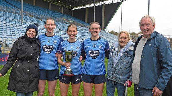 The O'Malley sisters Nicola, Janette (team capptain) and Rebecca, with Helen, Jimmy and Mary O'Malley and the Jimmy Corbett Memorial Cup following Westport's victory over Knockmore. The O'Malley sisters Nicola, Janette (team capptain) and Rebecca, with Helen, Jimmy and Mary O'Malley and the Jimmy Corbett Memorial Cup following Westport's victory over Knockmore.