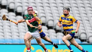 <p>Nicky Rackard Cup Final, Croke Park, Dublin 31/5/2025 Mayo vs Rosmcommon Mayo's Liam Lavin with Darragh Finn of Roscommon Mandatory Credit ©INPHO/Ben Brady</p>