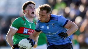 <p>Ballina Stephenites full-back Luke Jordan comes up against Eoghan McLaughlin of Westport during Sunday's drawn Mayo SFC final.	Picture: INPHO/Dan Clohessy</p>