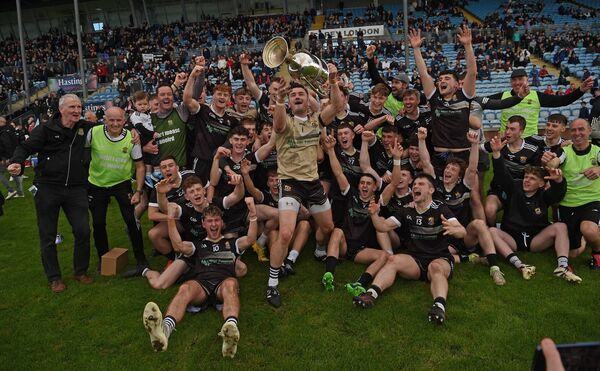 Goalkeeper Paul Groden leads the Kilmeena players in celebration following their one point victory over Moy Davitts in last Sunday's Egan Jewellers Mayo IFC Final at Hastings Insurance MacHale Park, Castlebar.	Picture: Conor McKeown