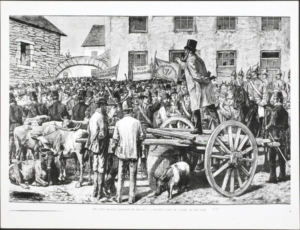 An illustration from the 'Illustrated London News' of Land League protestors at a sheriff's sale of cattle to pay rent in Ireland in 1881. Picture: Hulton Archive/Getty Images