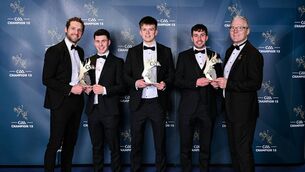 <p>Mayo hurlers Liam Lavin, Oisín Greally and Daniel Huane are presented with their 2025 Ring, Rackard, and Meagher Team of the Year awards by GPA Chief Executive Officer Tom Parsons, left, and Uachtarán Chumann Lúthchleas Gael Jarlath Burns, right, at Croke Park in Dublin.	Picture: Brendan Moran/Sportsfile</p>